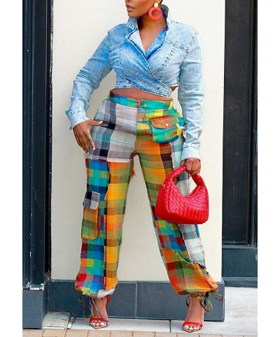 Women's Casual Cargo Pants High Waist Straight Wide Leg Pants with Multi Pockets D8612-colorful $18.24 Pants