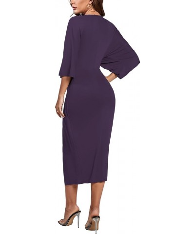 Women's V Neck Wrap Twist Front Half Sleeve Split Hem Cocktail Party Bodycon Midi Dress Purple $26.87 Dresses