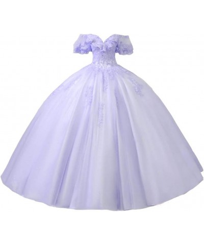 Women's Off Shoulder Applique Quinceanera Dress Beaded Tulle Ball Gowns Lilac $61.25 Dresses