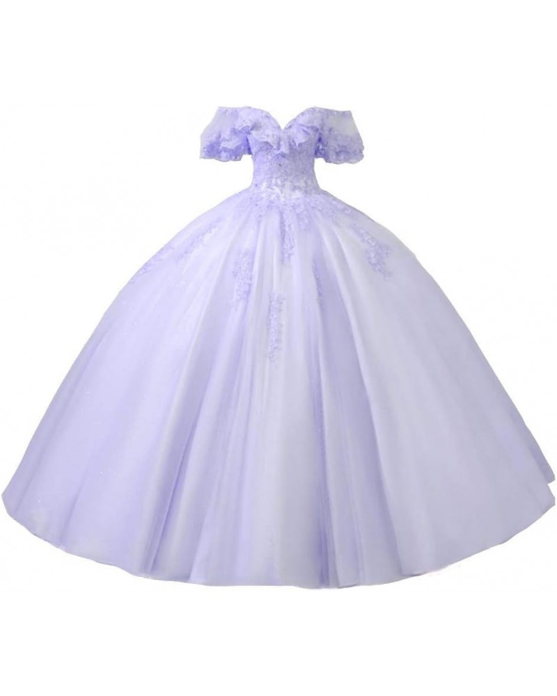 Women's Off Shoulder Applique Quinceanera Dress Beaded Tulle Ball Gowns Lilac $61.25 Dresses