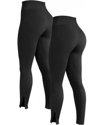 Women 2 Piece Leggings Workout Tights Tummy Control Ribbed Gym Exercise Girl Yoga Pants Black Black $10.50 Pants