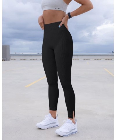 Women 2 Piece Leggings Workout Tights Tummy Control Ribbed Gym Exercise Girl Yoga Pants Black Black $10.50 Pants