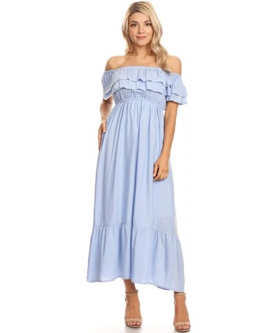 Womens Boho Peasant Ruffle Stretchy Short Sleeve Long Dress Blue $26.78 Dresses