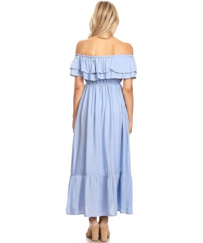 Womens Boho Peasant Ruffle Stretchy Short Sleeve Long Dress Blue $26.78 Dresses