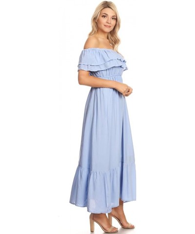 Womens Boho Peasant Ruffle Stretchy Short Sleeve Long Dress Blue $26.78 Dresses