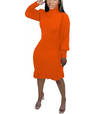 Sweater Dress for Women Cable Knit High Neck Ruffle Trim Hem Long Sleeve High Waist Knee Length Casual Dress Orange $14.40 Dr...