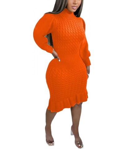 Sweater Dress for Women Cable Knit High Neck Ruffle Trim Hem Long Sleeve High Waist Knee Length Casual Dress Orange $14.40 Dr...