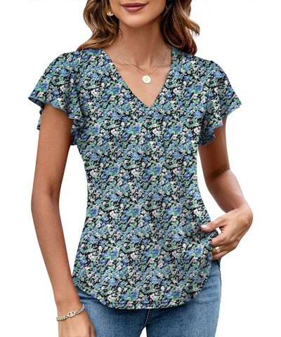 Womens Tops Dressy Casual Summer Flutter Sleeve T-Shirts Ruffle Short Sleeve Loose V Neck Tunic Tops A-floral-blue $11.00 Tops