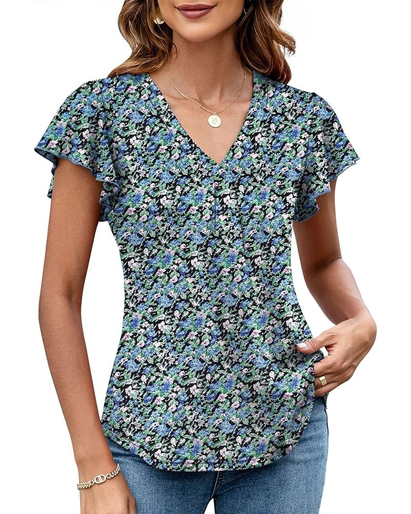 Womens Tops Dressy Casual Summer Flutter Sleeve T-Shirts Ruffle Short Sleeve Loose V Neck Tunic Tops A-floral-blue $11.00 Tops