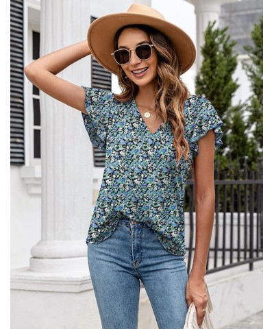 Womens Tops Dressy Casual Summer Flutter Sleeve T-Shirts Ruffle Short Sleeve Loose V Neck Tunic Tops A-floral-blue $11.00 Tops