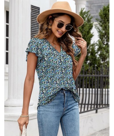 Womens Tops Dressy Casual Summer Flutter Sleeve T-Shirts Ruffle Short Sleeve Loose V Neck Tunic Tops A-floral-blue $11.00 Tops