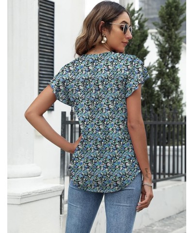 Womens Tops Dressy Casual Summer Flutter Sleeve T-Shirts Ruffle Short Sleeve Loose V Neck Tunic Tops A-floral-blue $11.00 Tops