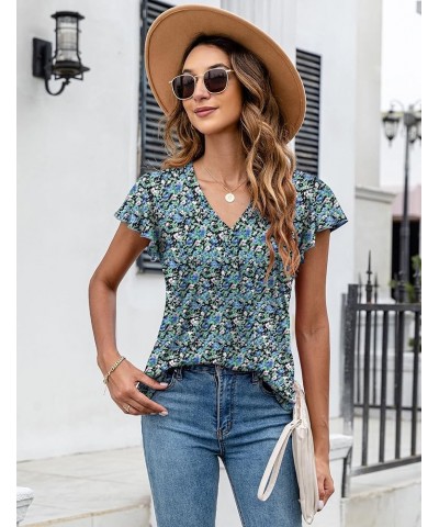 Womens Tops Dressy Casual Summer Flutter Sleeve T-Shirts Ruffle Short Sleeve Loose V Neck Tunic Tops A-floral-blue $11.00 Tops