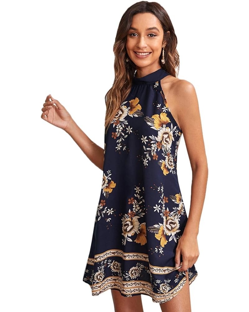 Women's Summer Floral Print Sleeveless Halter Neck Beach Party Dress Ink Blue $16.40 Dresses