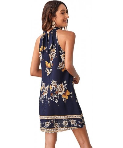 Women's Summer Floral Print Sleeveless Halter Neck Beach Party Dress Ink Blue $16.40 Dresses