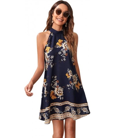 Women's Summer Floral Print Sleeveless Halter Neck Beach Party Dress Ink Blue $16.40 Dresses