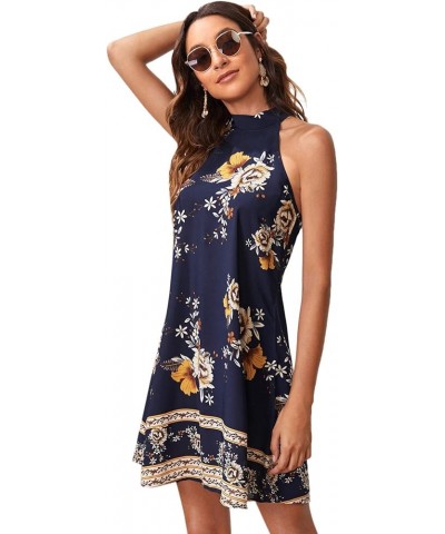 Women's Summer Floral Print Sleeveless Halter Neck Beach Party Dress Ink Blue $16.40 Dresses