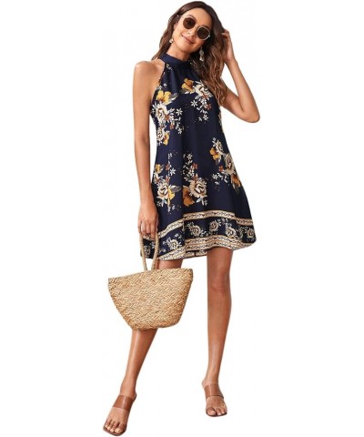 Women's Summer Floral Print Sleeveless Halter Neck Beach Party Dress Ink Blue $16.40 Dresses