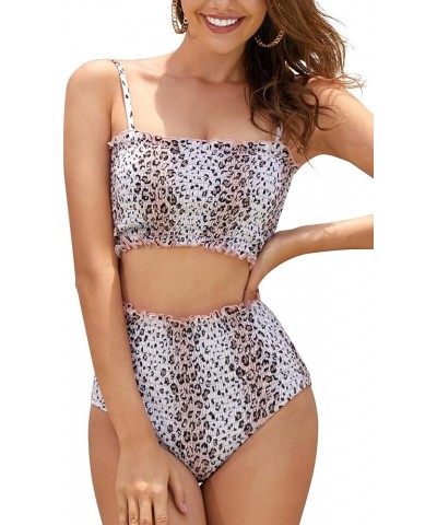 Women's Shirred Bandeau Bikini High Waist Bathing Suit Strapless Two Piece Swimsuit Leopard Print $21.57 Swimsuits