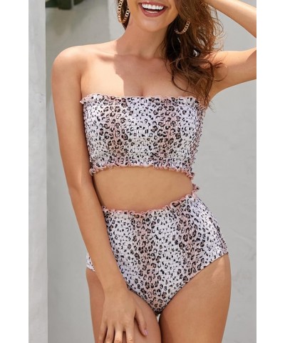 Women's Shirred Bandeau Bikini High Waist Bathing Suit Strapless Two Piece Swimsuit Leopard Print $21.57 Swimsuits