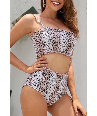 Women's Shirred Bandeau Bikini High Waist Bathing Suit Strapless Two Piece Swimsuit Leopard Print $21.57 Swimsuits