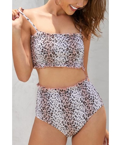 Women's Shirred Bandeau Bikini High Waist Bathing Suit Strapless Two Piece Swimsuit Leopard Print $21.57 Swimsuits