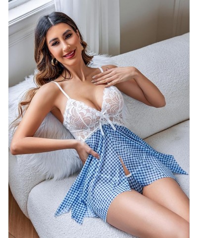 Lingerie for Women Lace Babydoll Sleepwear Boudoir Outfits Plus Size Langeray XS-5XL Blue&white Plaid $7.50 Lingerie