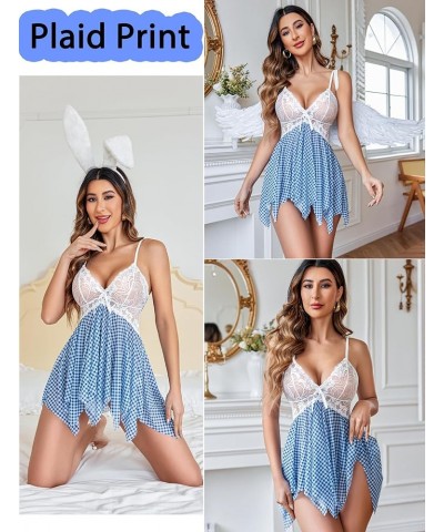 Lingerie for Women Lace Babydoll Sleepwear Boudoir Outfits Plus Size Langeray XS-5XL Blue&white Plaid $7.50 Lingerie