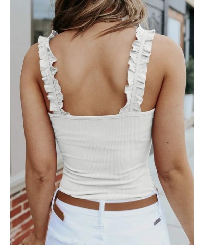 Women's Square Neck Ruffle Strap Stretchy Ribbed Basic Cami Bodysuit Jumpsuits White $13.49 Bodysuits