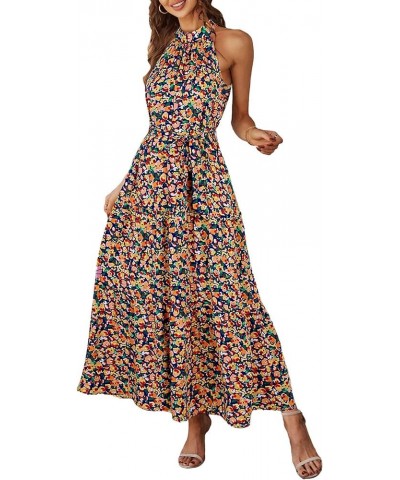 Women's Summer Floral Maxi Sun Dress Sleeveless Halter Neck Flowy Ruffle Hem Long Boho Dresses with Belt Floral Royal Blue $2...