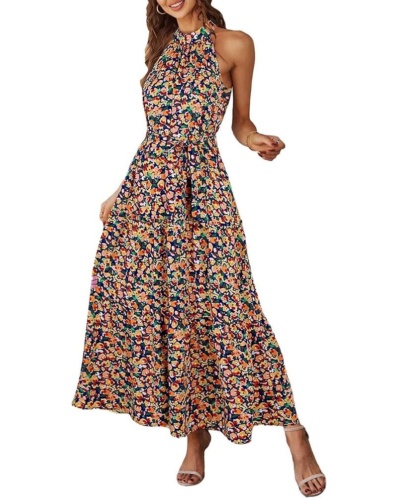 Women's Summer Floral Maxi Sun Dress Sleeveless Halter Neck Flowy Ruffle Hem Long Boho Dresses with Belt Floral Royal Blue $2...