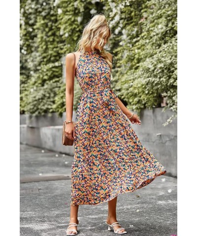 Women's Summer Floral Maxi Sun Dress Sleeveless Halter Neck Flowy Ruffle Hem Long Boho Dresses with Belt Floral Royal Blue $2...