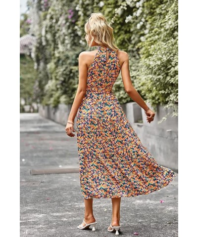 Women's Summer Floral Maxi Sun Dress Sleeveless Halter Neck Flowy Ruffle Hem Long Boho Dresses with Belt Floral Royal Blue $2...