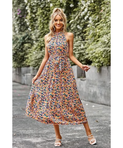 Women's Summer Floral Maxi Sun Dress Sleeveless Halter Neck Flowy Ruffle Hem Long Boho Dresses with Belt Floral Royal Blue $2...