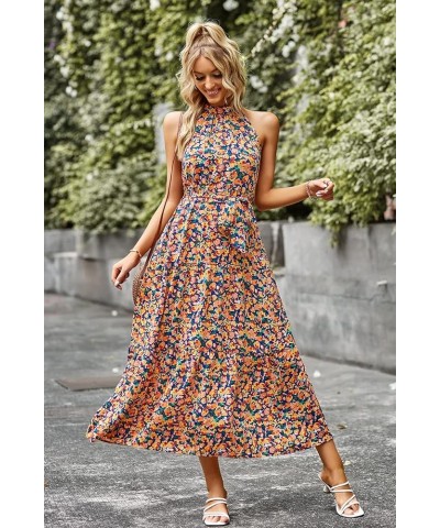 Women's Summer Floral Maxi Sun Dress Sleeveless Halter Neck Flowy Ruffle Hem Long Boho Dresses with Belt Floral Royal Blue $2...