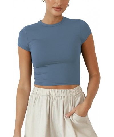 Women Slim Fit Cap Sleeve Round Neck Crop Tee Top Basic Solid Form Fitting Stretchy Tshirt Summer Baby Tee Ash Blue $11.48 T-...