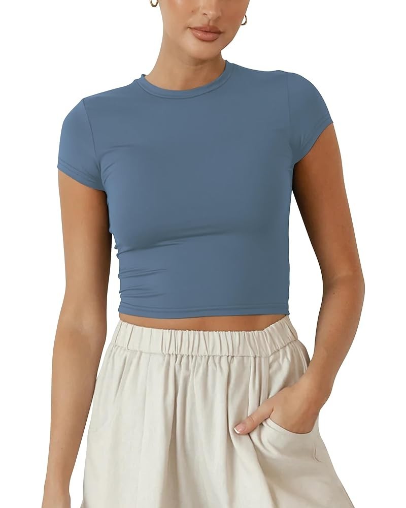 Women Slim Fit Cap Sleeve Round Neck Crop Tee Top Basic Solid Form Fitting Stretchy Tshirt Summer Baby Tee Ash Blue $11.48 T-...