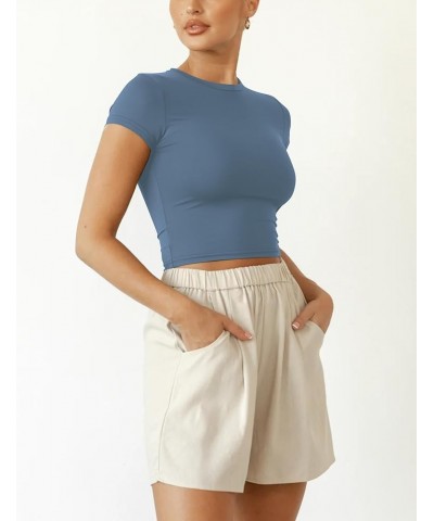 Women Slim Fit Cap Sleeve Round Neck Crop Tee Top Basic Solid Form Fitting Stretchy Tshirt Summer Baby Tee Ash Blue $11.48 T-...