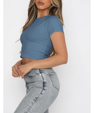 Women Slim Fit Cap Sleeve Round Neck Crop Tee Top Basic Solid Form Fitting Stretchy Tshirt Summer Baby Tee Ash Blue $11.48 T-...