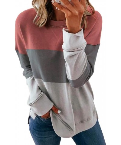 Womens Crewneck Solid Striped Sweatshirts Side Split Sweater Tops Long Sleeve Pullover Shirts 2022 Cozy Fall Top Tan $10.82 H...