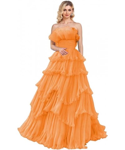 Strapless Ruffles Prom Dresses Long Tiered Tulle Ball Gown Princess Formal Evening Gowns for Women Orange $43.20 Dresses