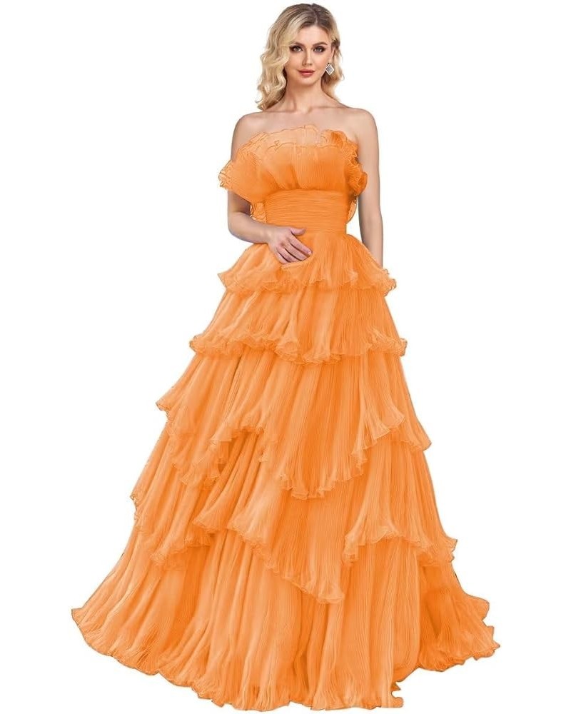 Strapless Ruffles Prom Dresses Long Tiered Tulle Ball Gown Princess Formal Evening Gowns for Women Orange $43.20 Dresses