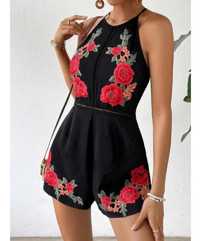 Women's Floral Print Halter Unitard Romper High Waist Casual Basic Short Jumpsuit Black $17.64 Rompers