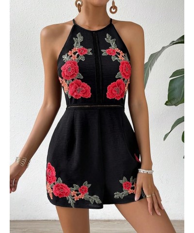 Women's Floral Print Halter Unitard Romper High Waist Casual Basic Short Jumpsuit Black $17.64 Rompers