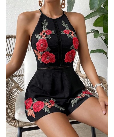 Women's Floral Print Halter Unitard Romper High Waist Casual Basic Short Jumpsuit Black $17.64 Rompers