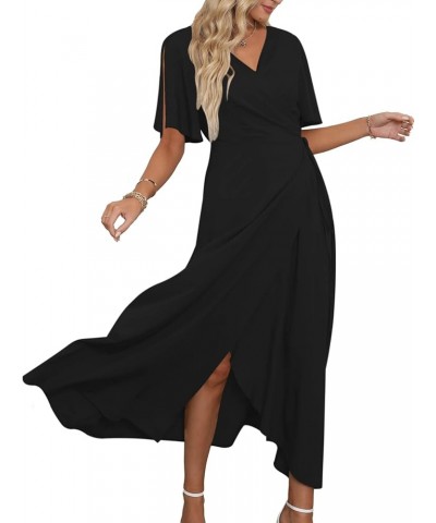 Women Summer V Neck Short Sleeve Split Wrap Maxi Dress Waist Tie Casual Flowy Long Dress 01-black $20.16 Dresses