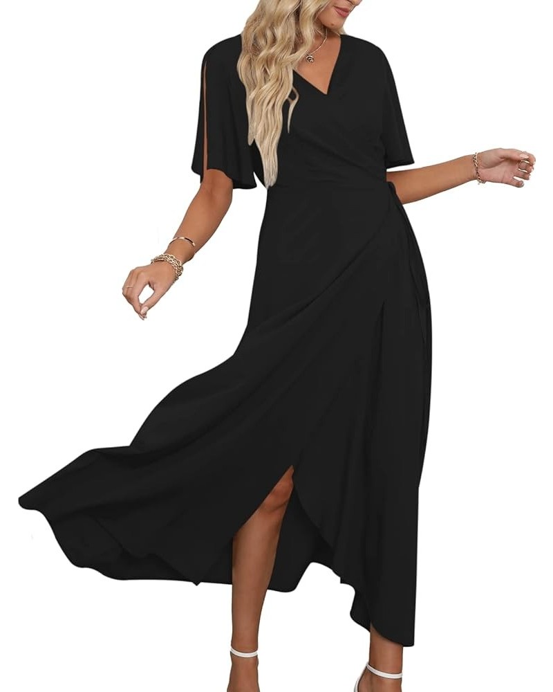 Women Summer V Neck Short Sleeve Split Wrap Maxi Dress Waist Tie Casual Flowy Long Dress 01-black $20.16 Dresses