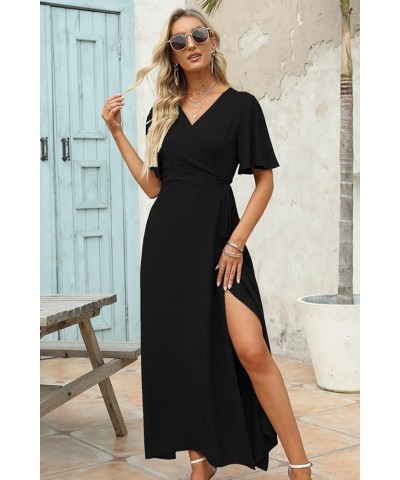 Women Summer V Neck Short Sleeve Split Wrap Maxi Dress Waist Tie Casual Flowy Long Dress 01-black $20.16 Dresses