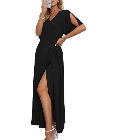 Women Summer V Neck Short Sleeve Split Wrap Maxi Dress Waist Tie Casual Flowy Long Dress 01-black $20.16 Dresses