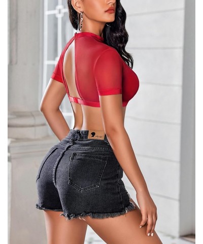 Women Mesh Top Sexy Sheer Crop Tops See Through Short Sleeve Shirt with Bra Wine Red $11.06 T-Shirts